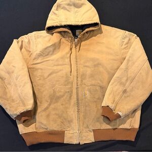 Carhartt Mens Tan Canvas Hooded Work Jacket Lined Full Zip Distressed Size XXL